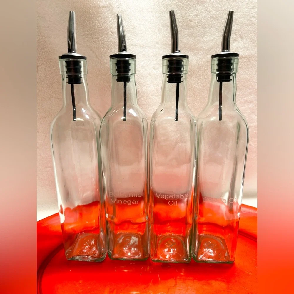 (4) New Glass Canola Vegetable Oil Vinegar Bottles Dispensers